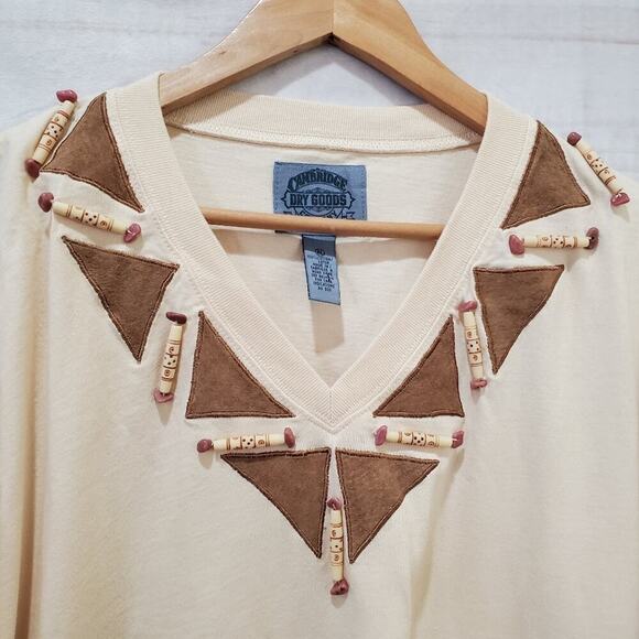 Cambridge Dry Goods Vintage Blouse Womens XL 90s Tan Beaded V-Neck Boho Retro - Picture 3 of 8